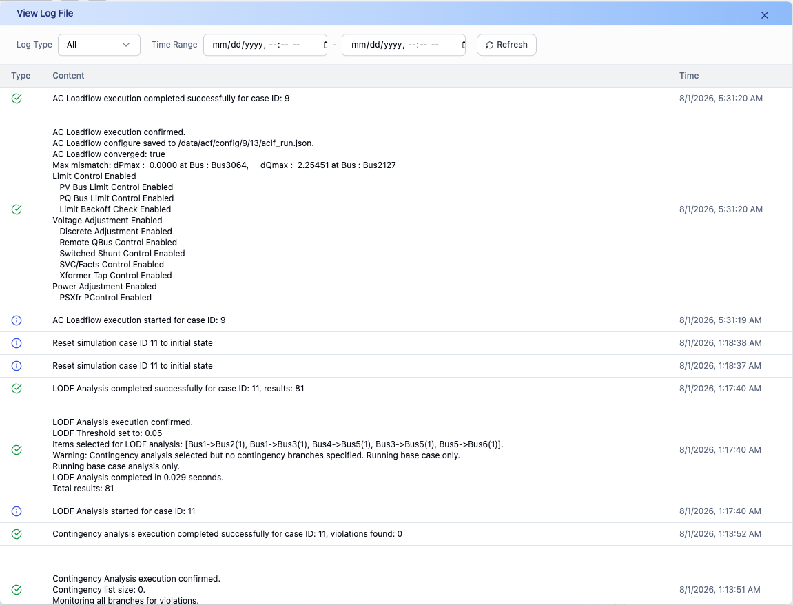 IPSS log viewer showing successful loadflow and contingency analysis results