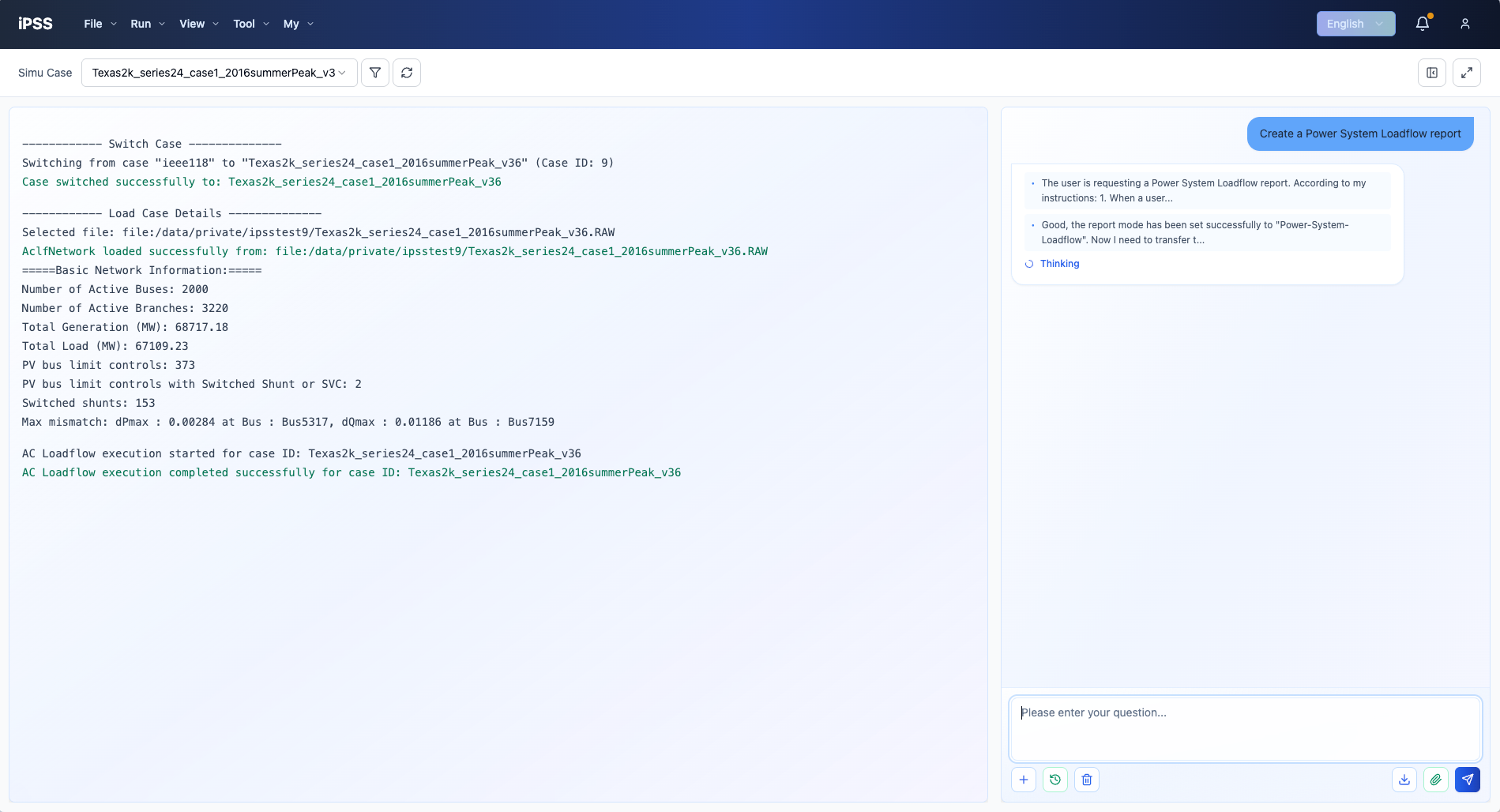 IPSS workspace running an AC loadflow with AI-assisted reporting